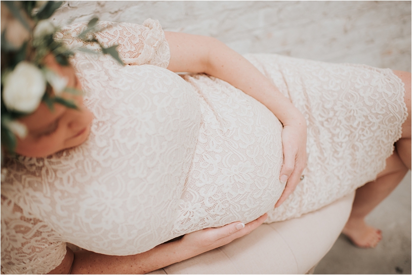 Maternity photograph with lace dress and flower crown