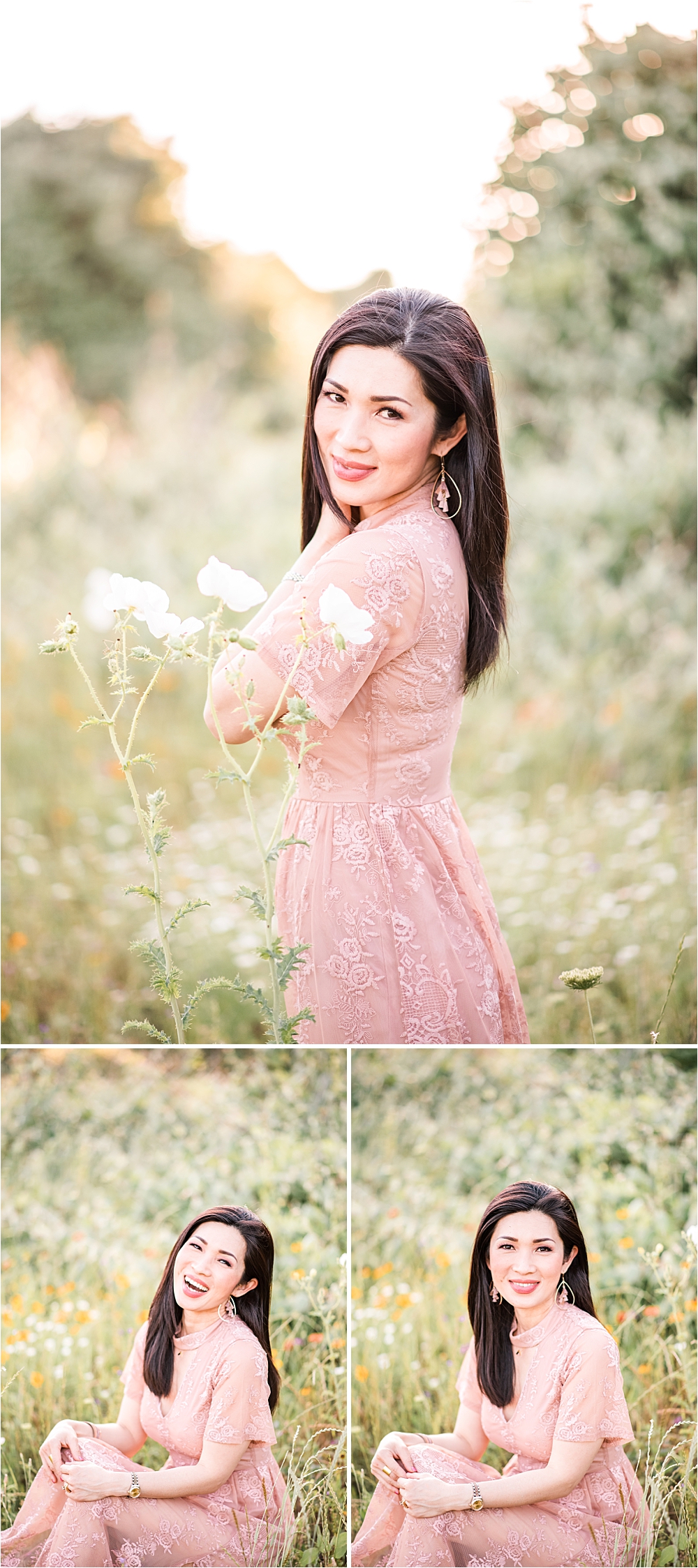 Portraits of mom, with wildflowers and pink lace dress