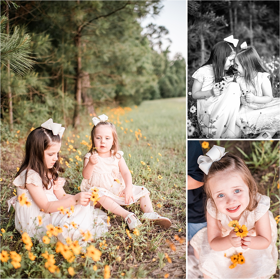 girls with yellow flowers in the woodlands