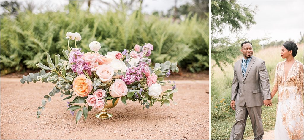 wedding florals and gorgeous couple walking