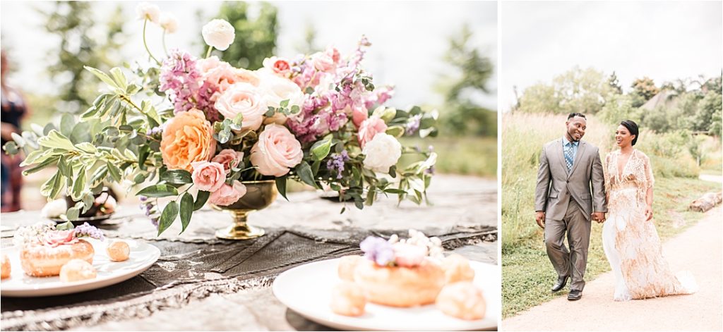donuts and florals with wedding couple in Houston
