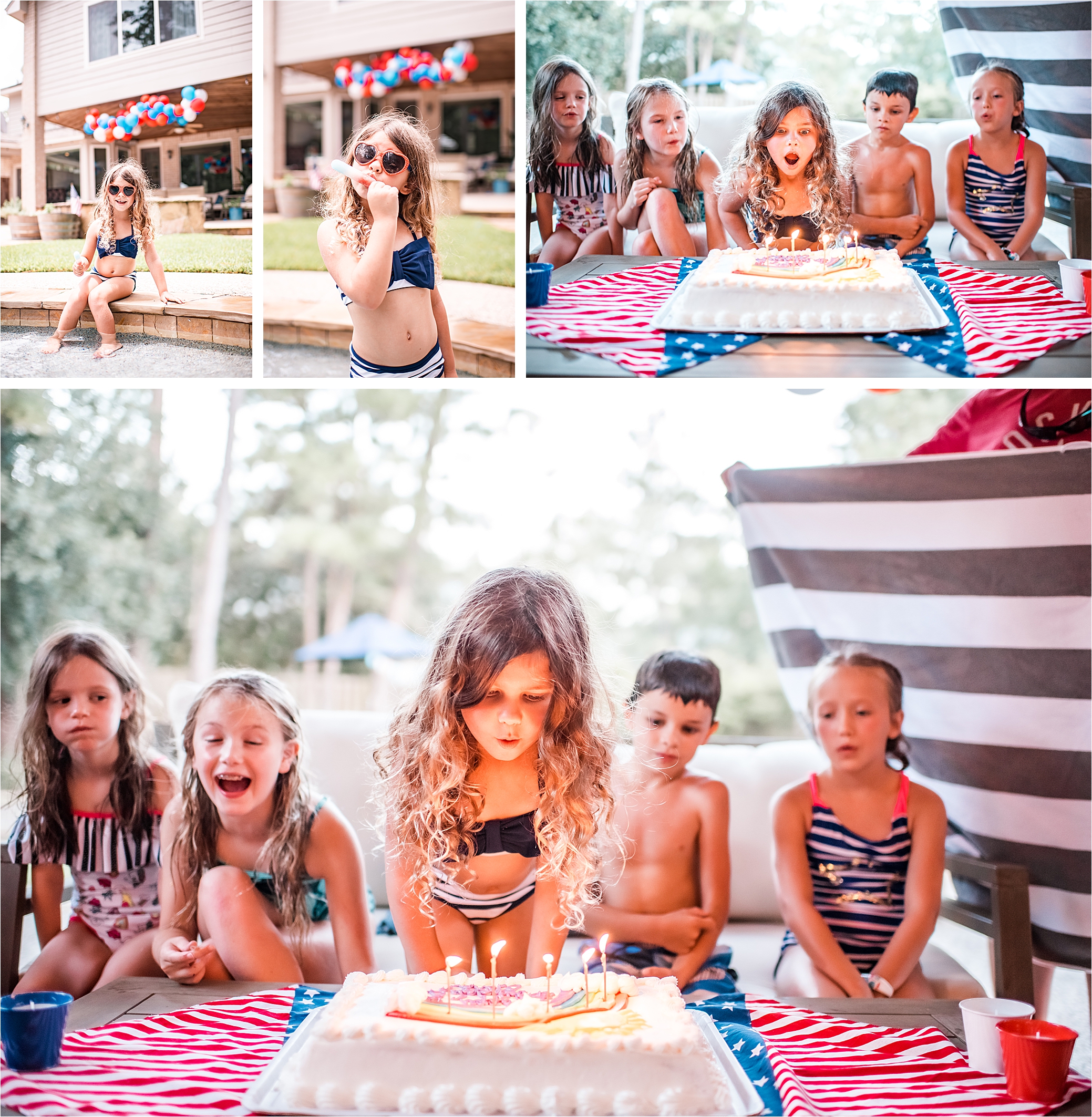 Girl birthday party on the 4th of July, blowing out candles