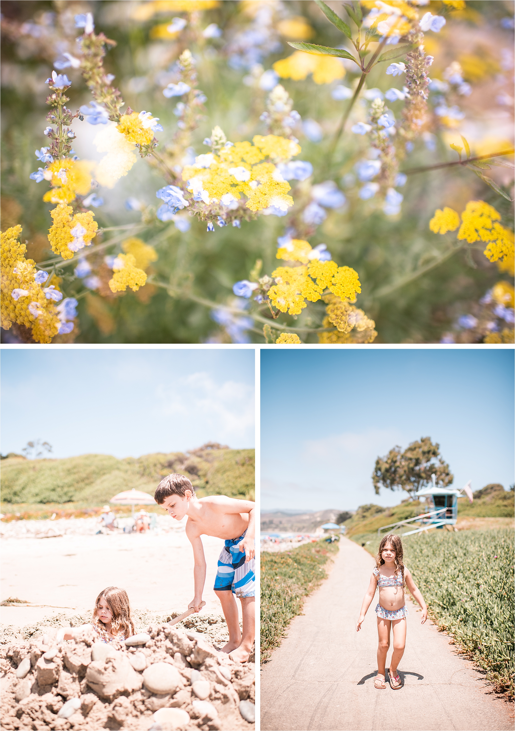 double exposure of flowers and kids at El Capitan State Beach digging in the sand