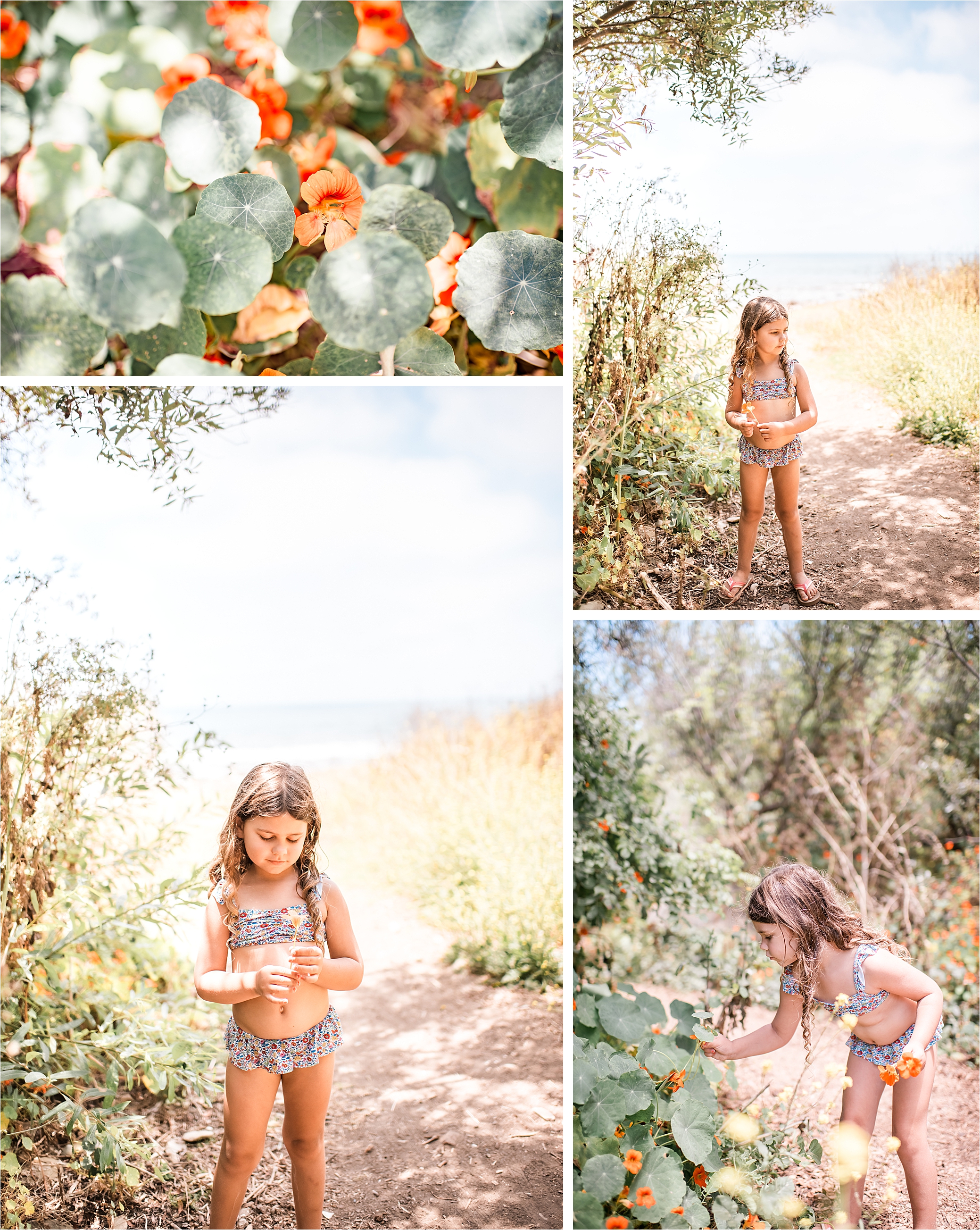 girl picking orange flowers at the beach