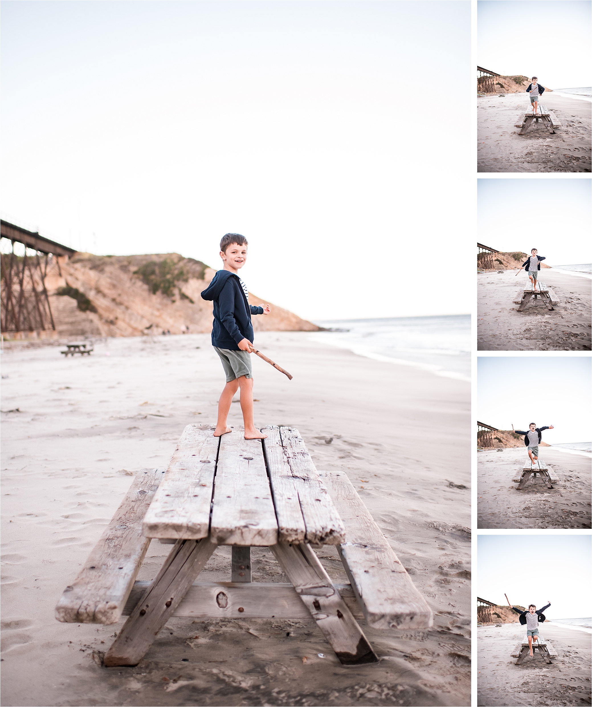 boy on picnic table at the beach, wild and free