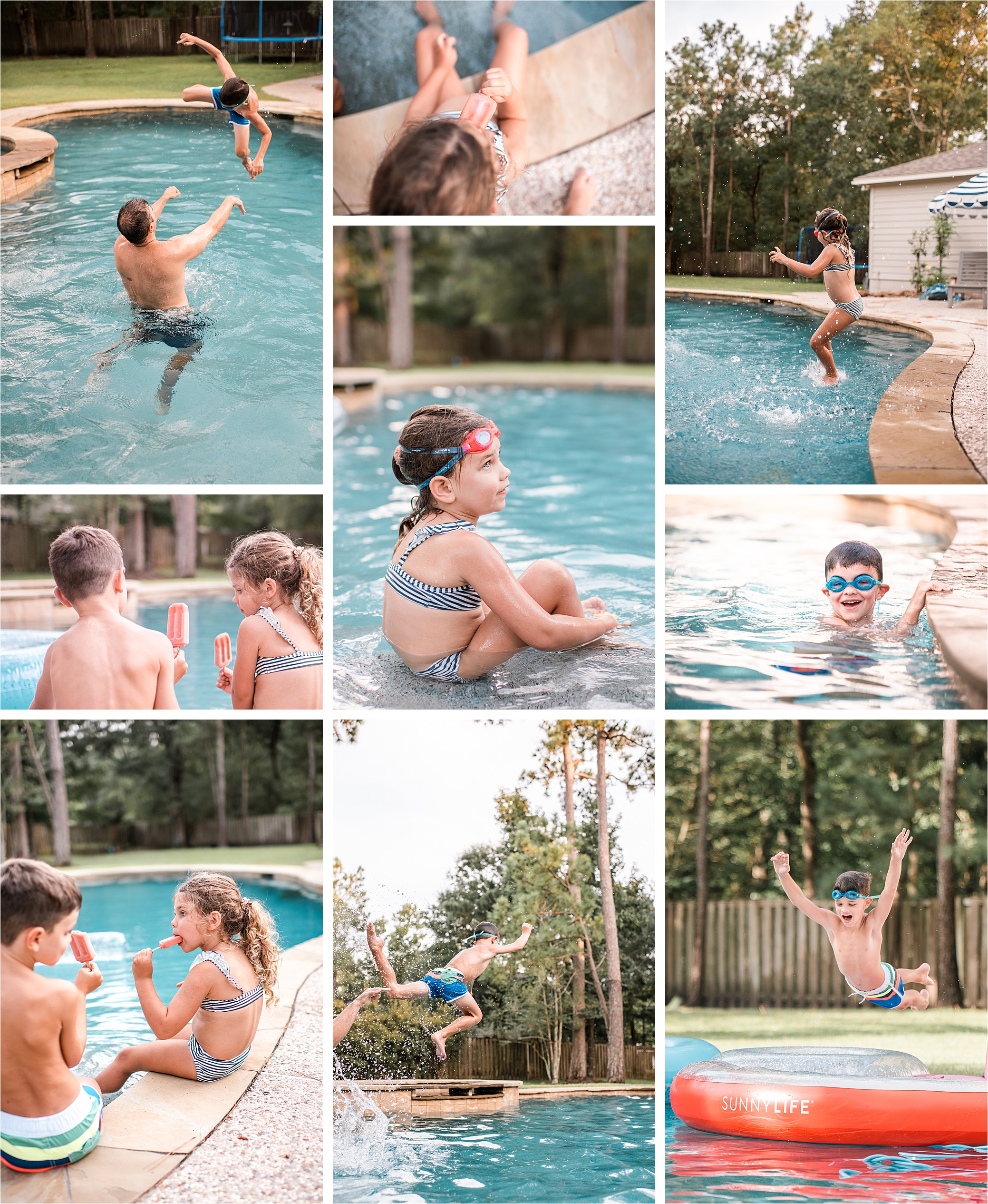 kids in summer in the pool. eating popsicles, swimming, jumping. The Woodlands Texas.