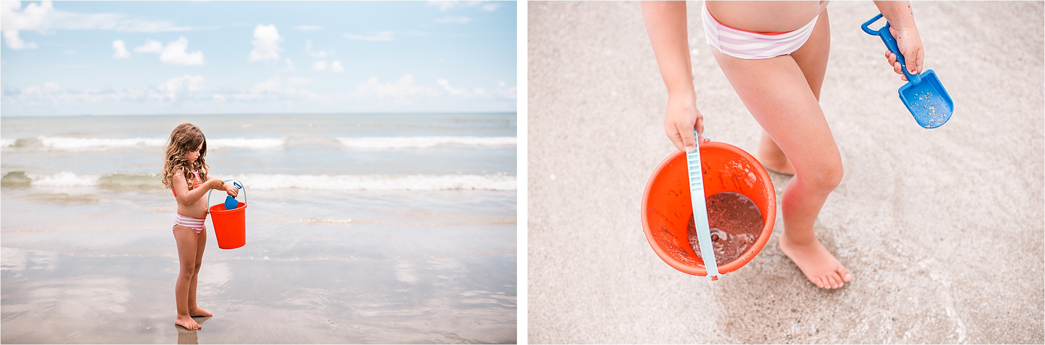 Galveston beach portraits. Girl with red bucket.