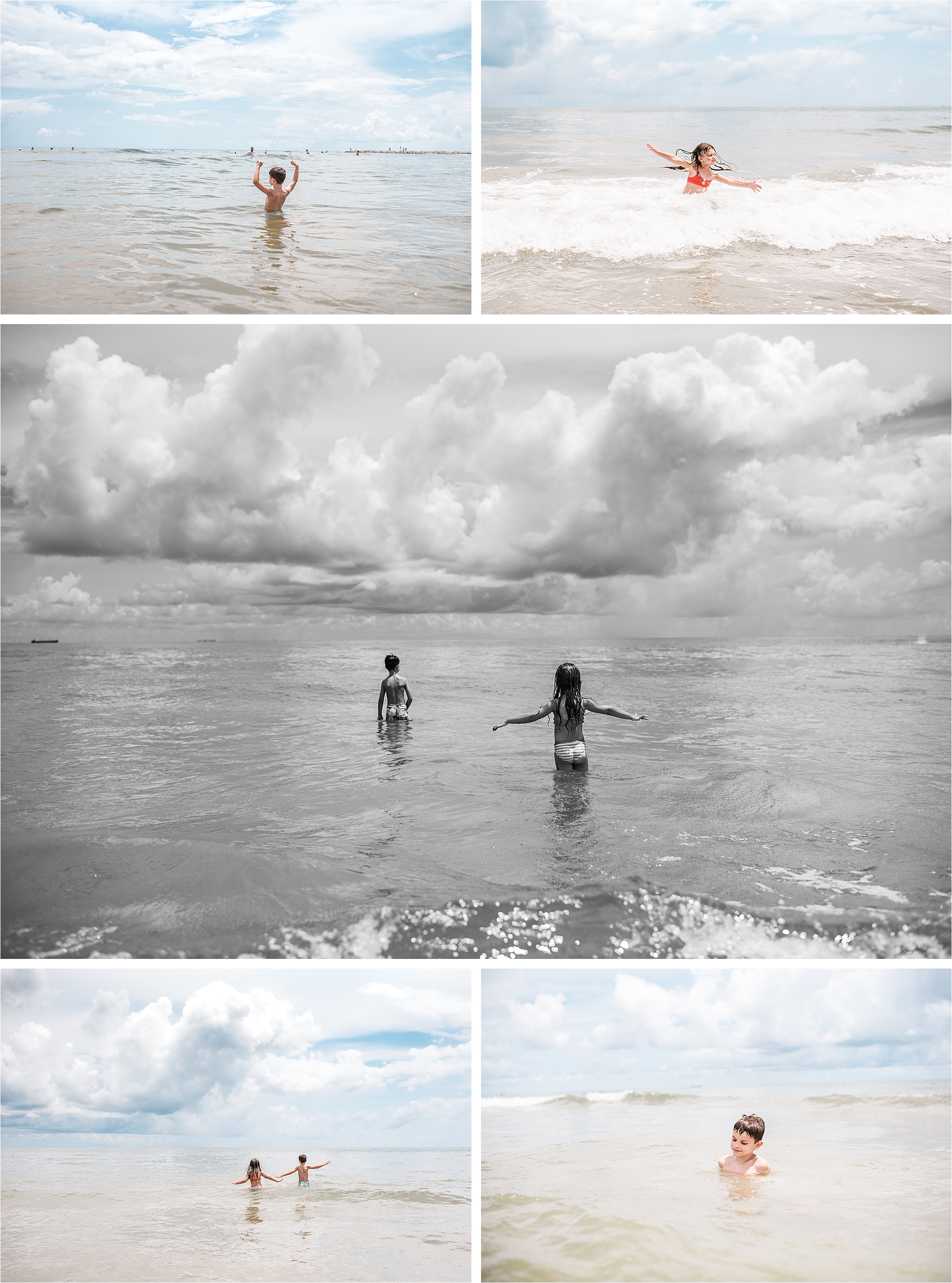 kids enjoying rare, nice water in Galveston  Texas. Swimming and splashing in the surf.