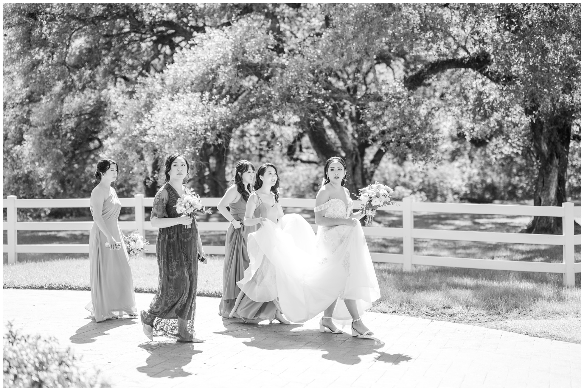 candid image of bridesmaids outside at magnolia manor