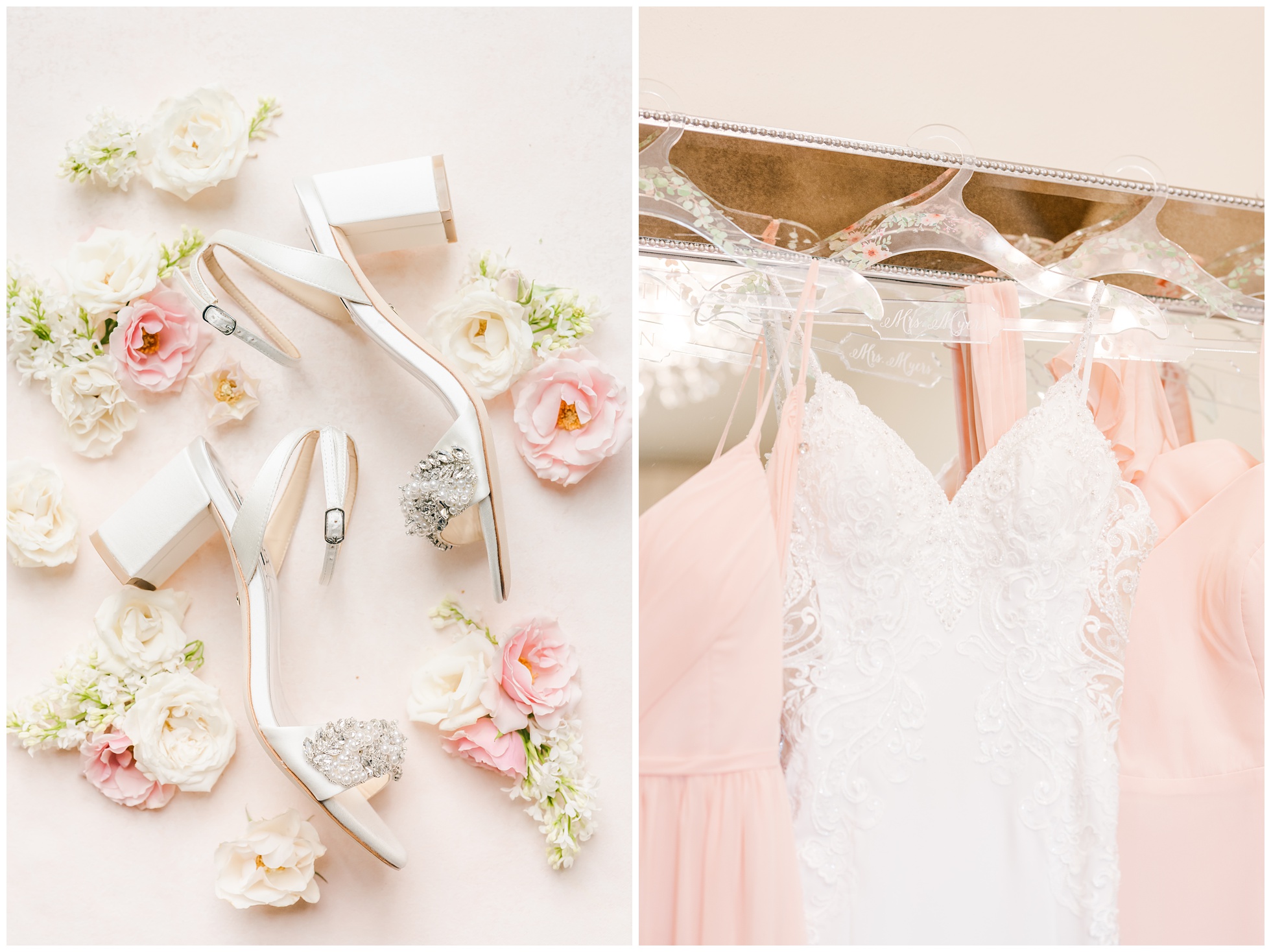 blush wedding shoes details flatlay and hanging dresses.