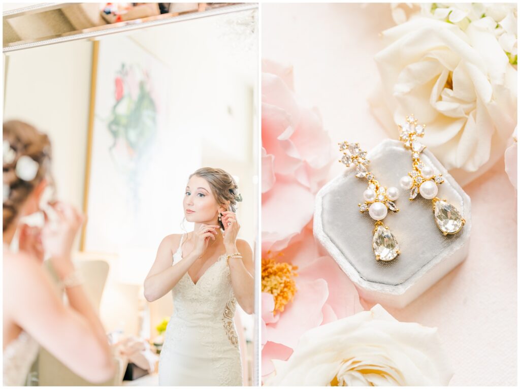Bridal details and bride putting on earrings at Bentwater yacht club.