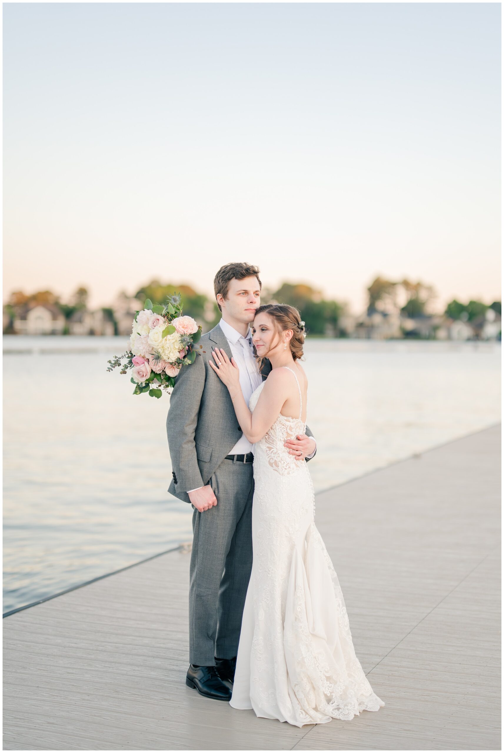 Bentwater Yacht Club Wedding Portrait on the dock, waterfront Lake Conroe.