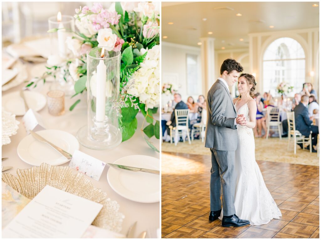 Reception table details and first dance with Bride and groom at Bentwater Yacht Club.