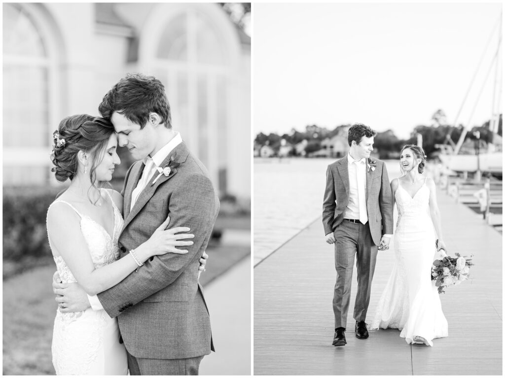 black and white wedding portraits at Bentwater yacht club.