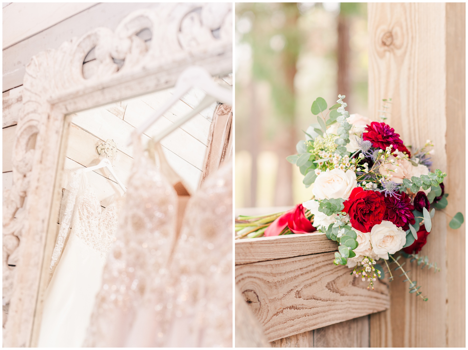 Bride's two dresses hanging and floral bouquet.
