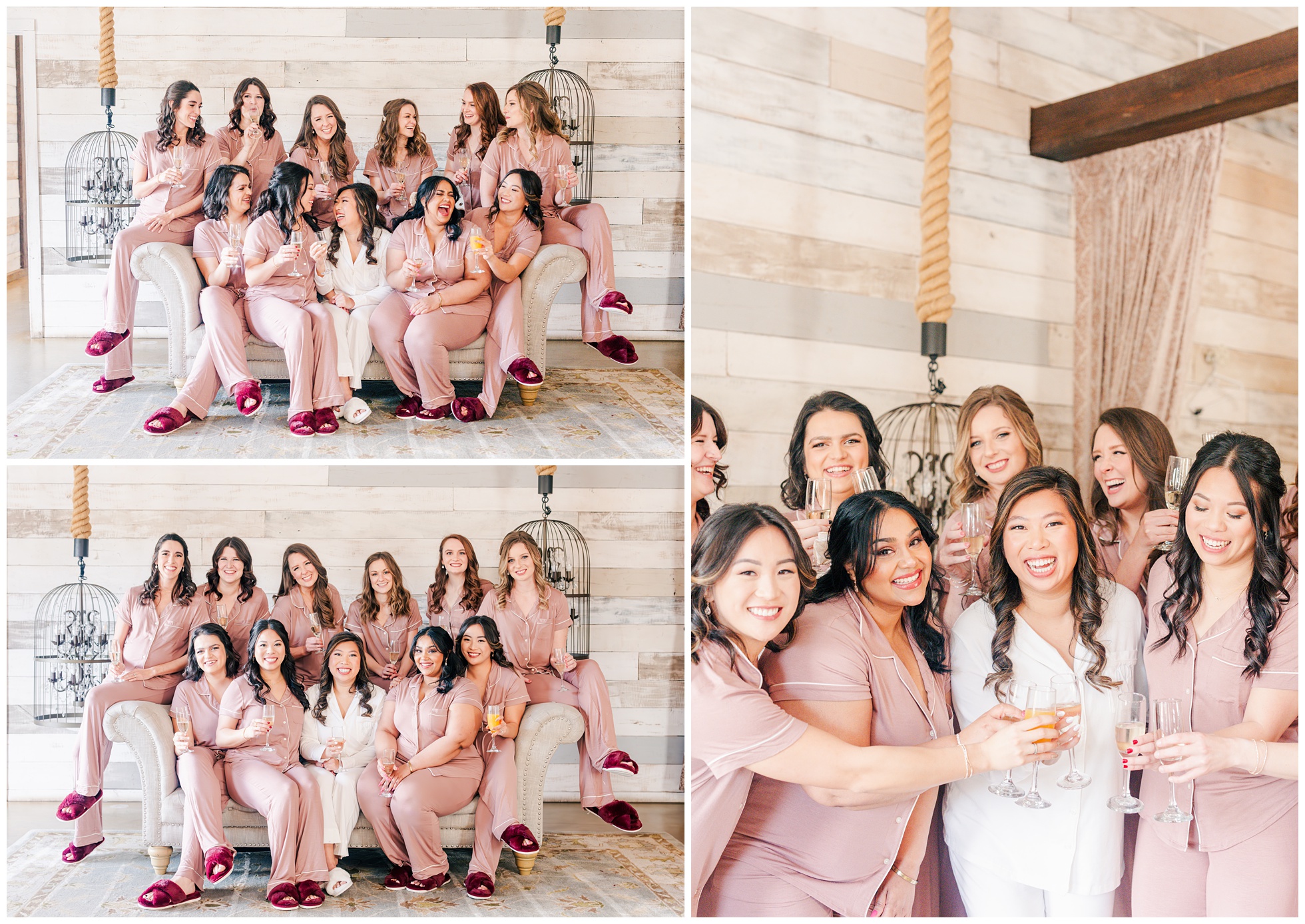 Bride and Bridesmaids drinking champagne in pjs in the bridal suite at Big Sky Barn.