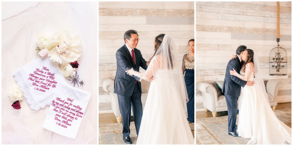 Bride's reveal with her dad on her wedding day, and embroidered handkerchief gifts for parents.