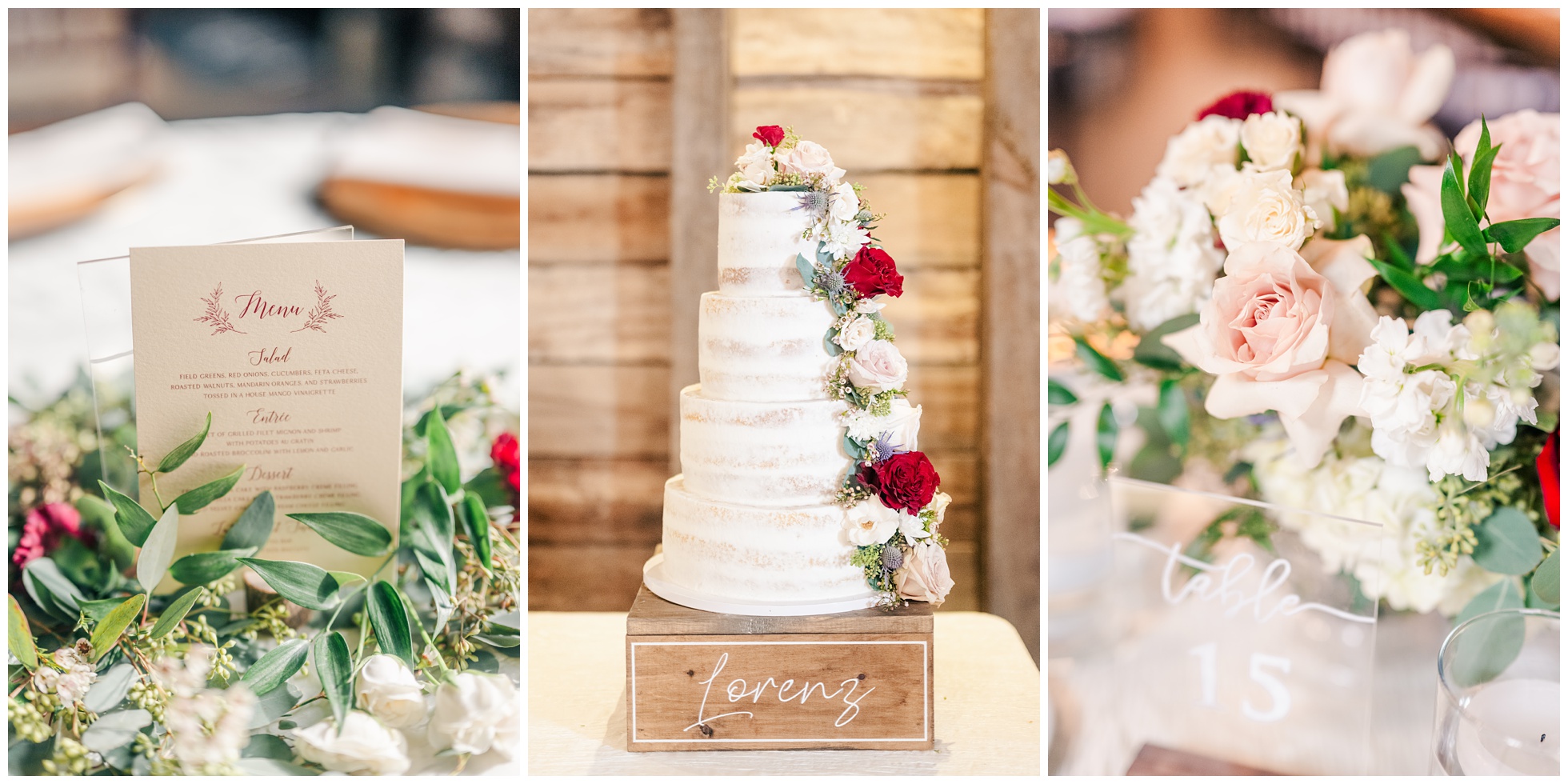 Wedding Reception forals, greenery, and Cake by HEB Blooms Magnolia.