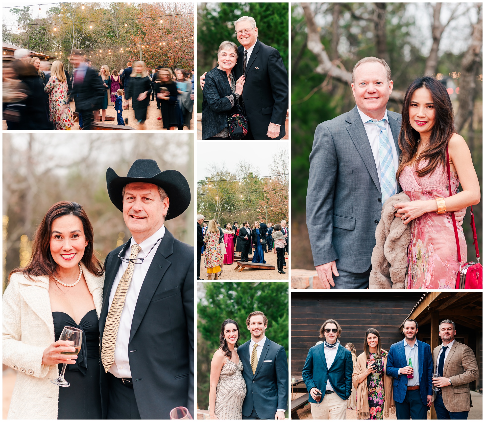 Various couples during cocktail hour in the outdoor courtyard at Big Sky Barn wedding venue. 