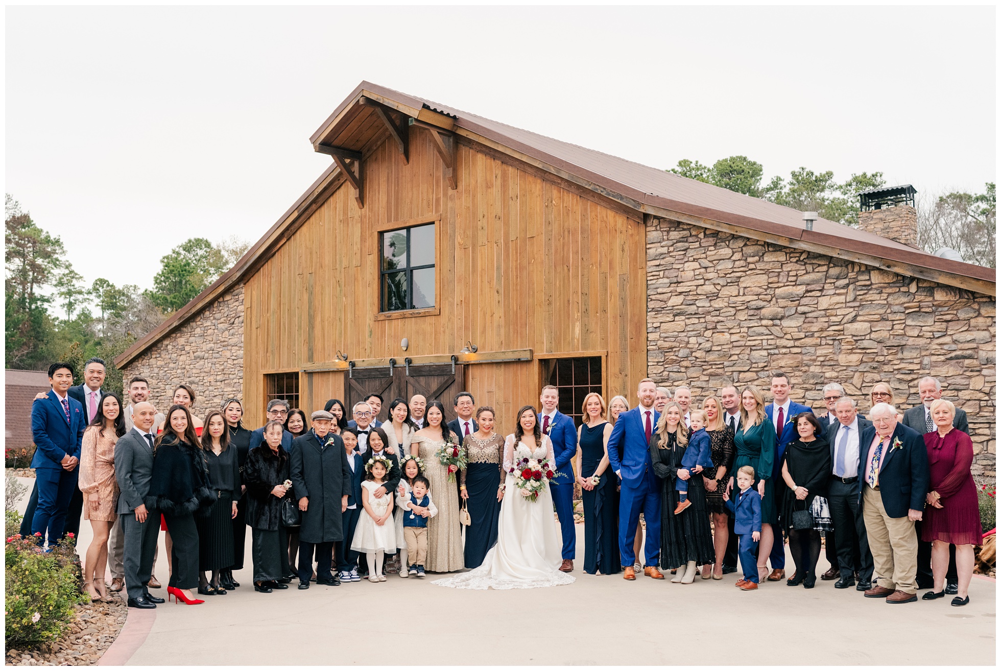 Large Group Family Wedding Portrait outside of the Big Sky Barn.