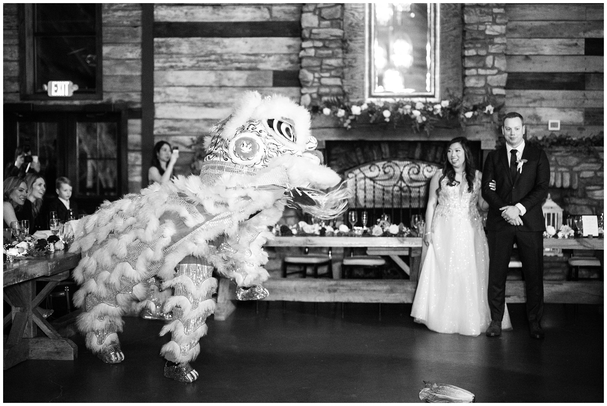 Chinese Lion Dance during wedding reception in Houston. 