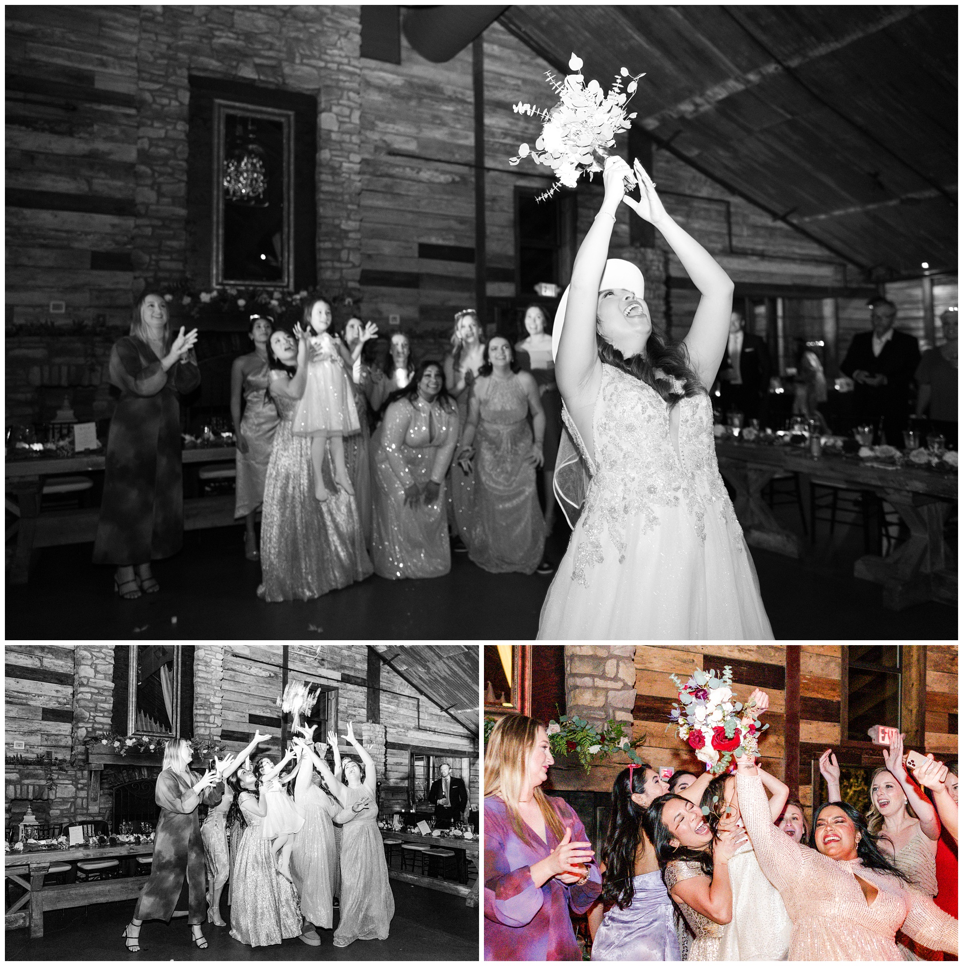 Bride tosses her bouquet to all the single ladies with excitement during wedding reception.