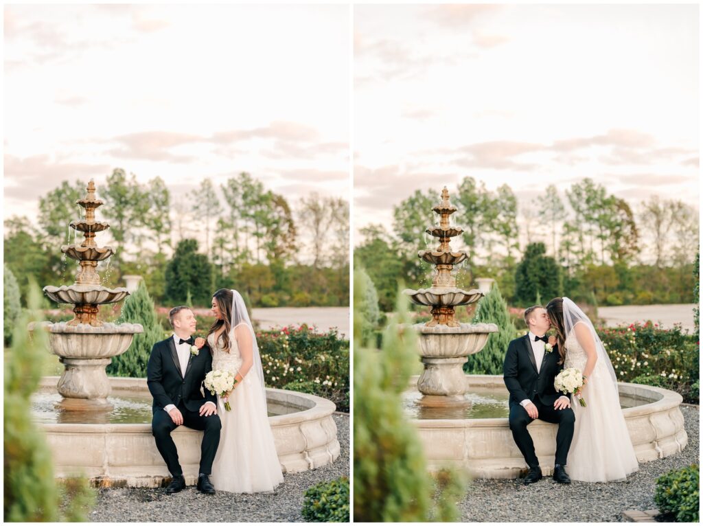 Bride and Groom share a kiss by the fountain at Sunset at Iron Manor.