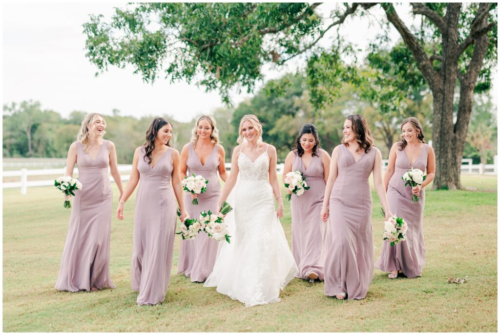 Bride and Bridesmaids in mauve dresses walking in the grass outside of Deep in the heart farms.