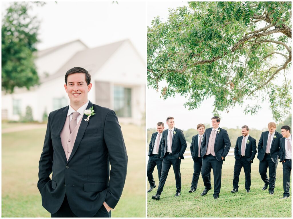 Groom and Groomsmen walking under a tree, in front of Deep in the Heart Farms wedding venue.
