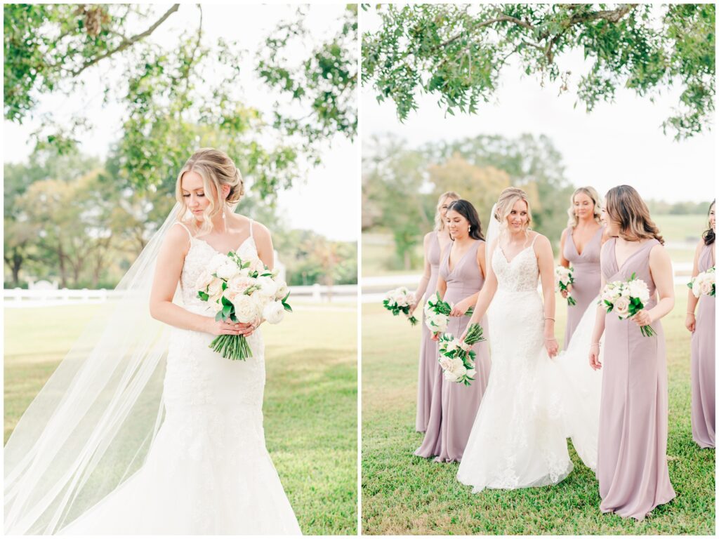 Bride and Bridesmaids in mauve walking with bouquets.