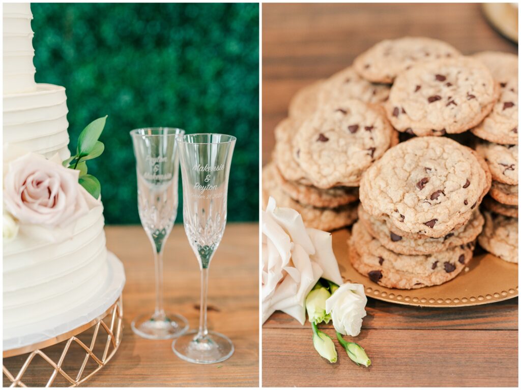 Reception chocolate chip cookies and Champagne glasses.