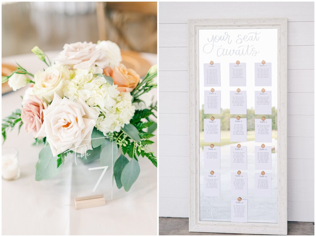 Reception details with soft flowers and a mirrored seating chart.