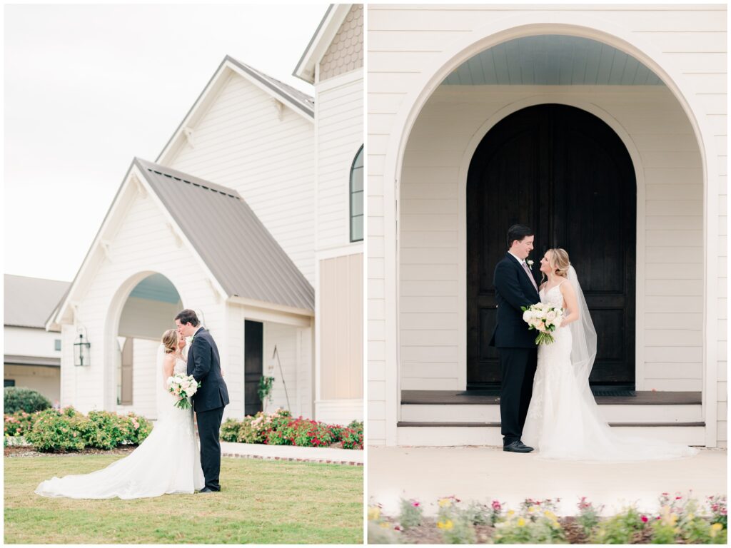 Bride and Groom pose outside of the Arched Chapel Doors at Deep in the Heart Farms Wedding Venue.