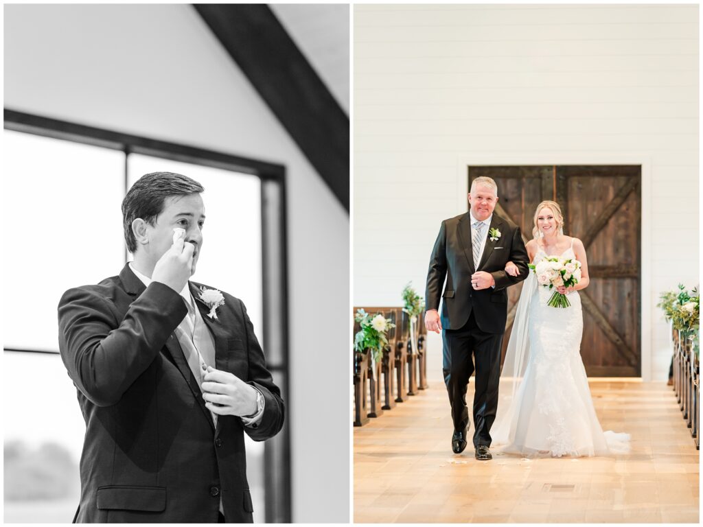 groom with tears as dad walks daughter down the aisle in the Deep in The Heart Farms Chapel.