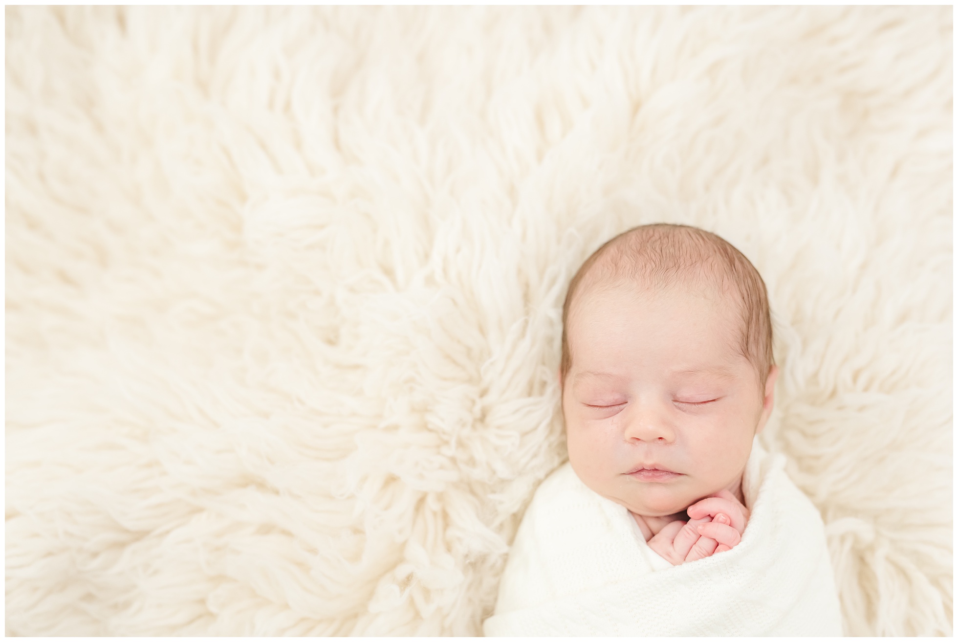 Newborn Portrait wrapped in white on cream wool flokati