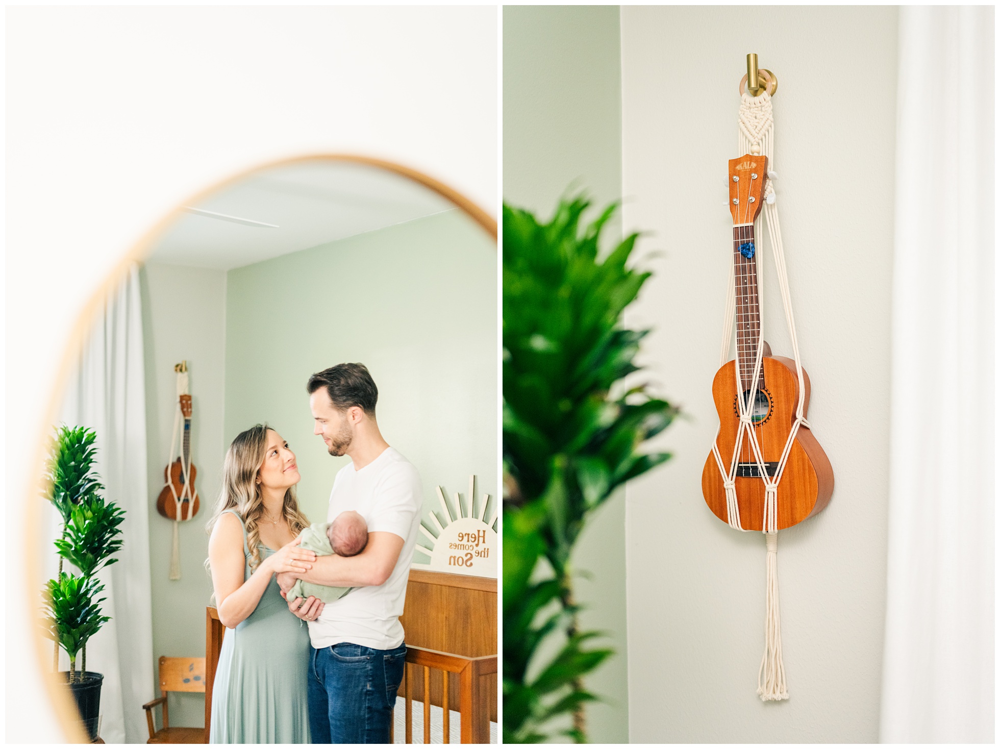Image of newborn and parents in nursery with hanging guitar