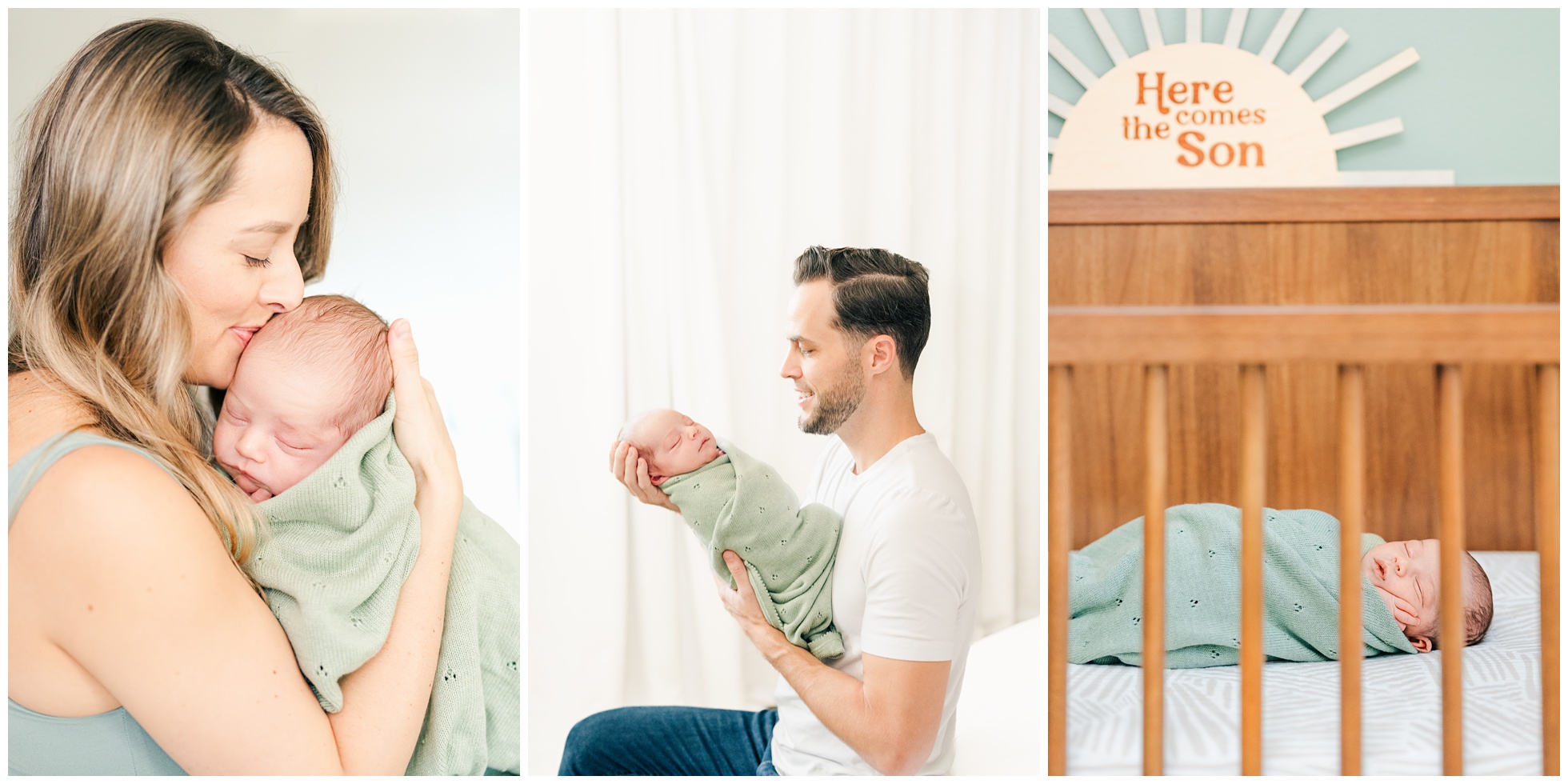 Newborn photography sessions, mom and dad with baby and baby in crib. Lifestyle.
