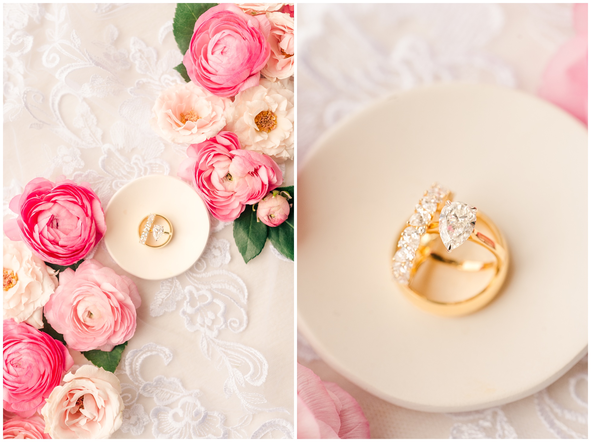 gold Wedding rings styled with pink flowers.