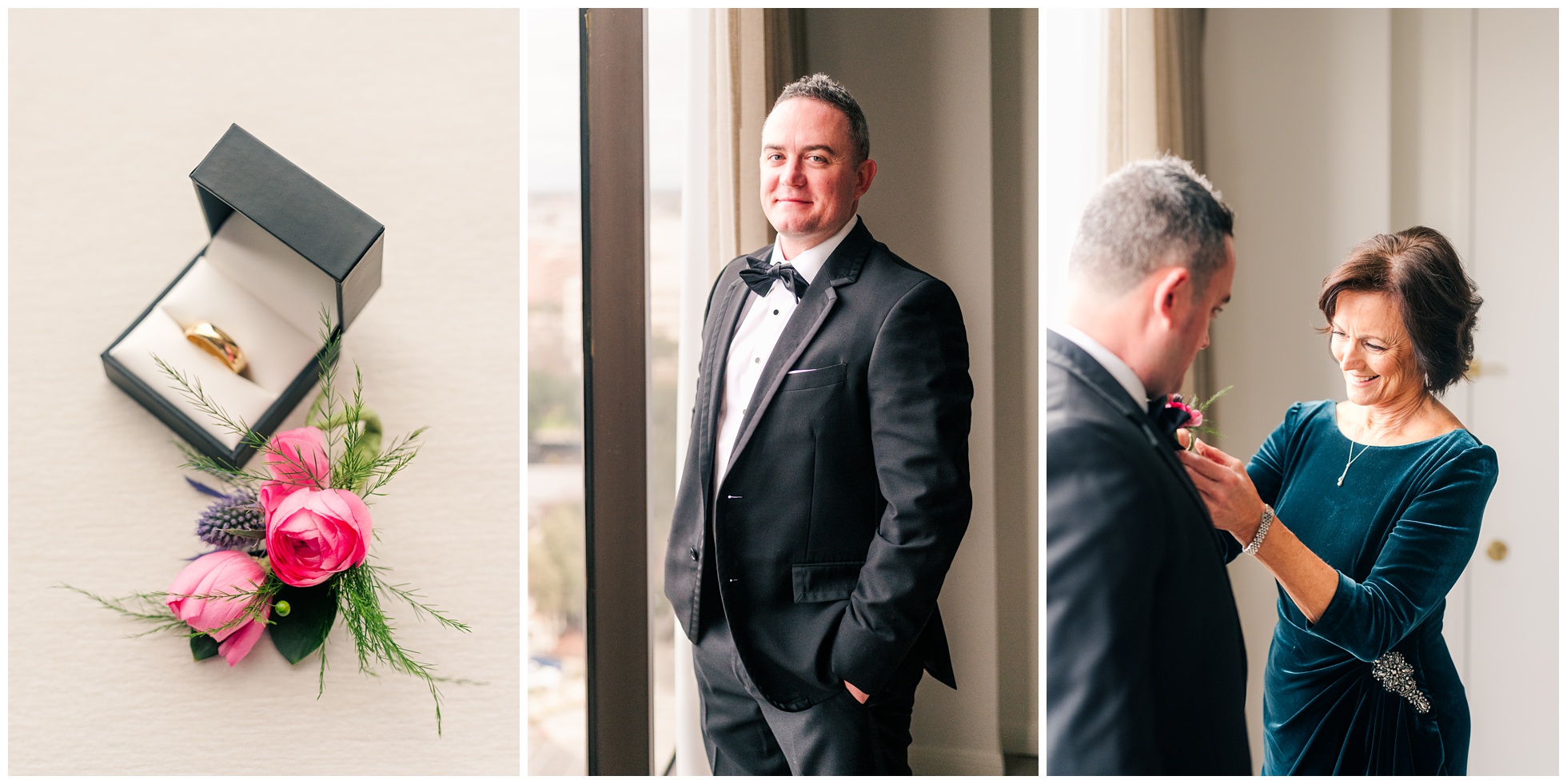 Groom's details, portrait, and his mom before the wedding at C.Baldwin.
