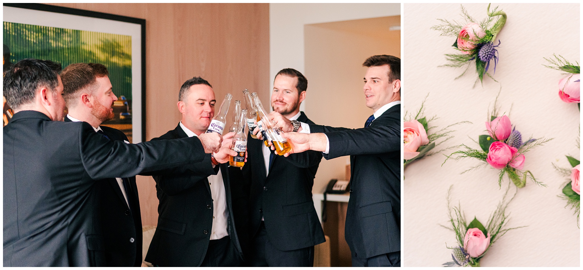 Groomsmen cheers and boutonnieres.