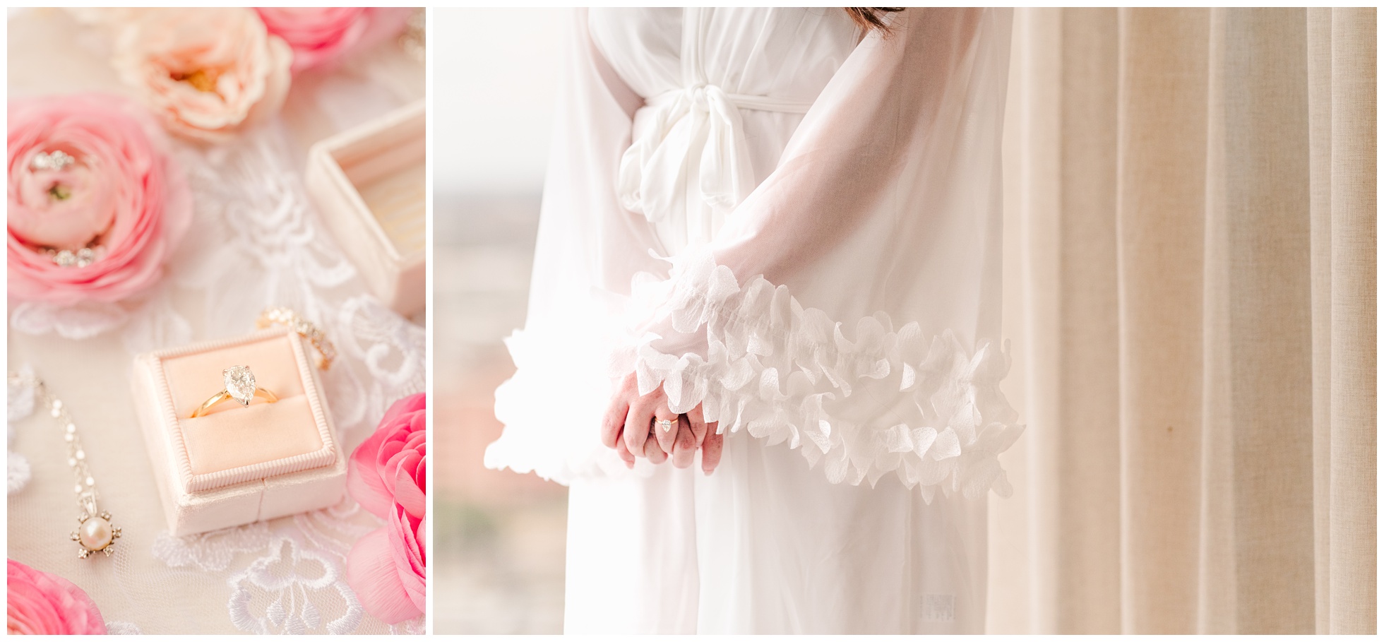Bridal details with flowers, jewelry, and ruffled white robe. 