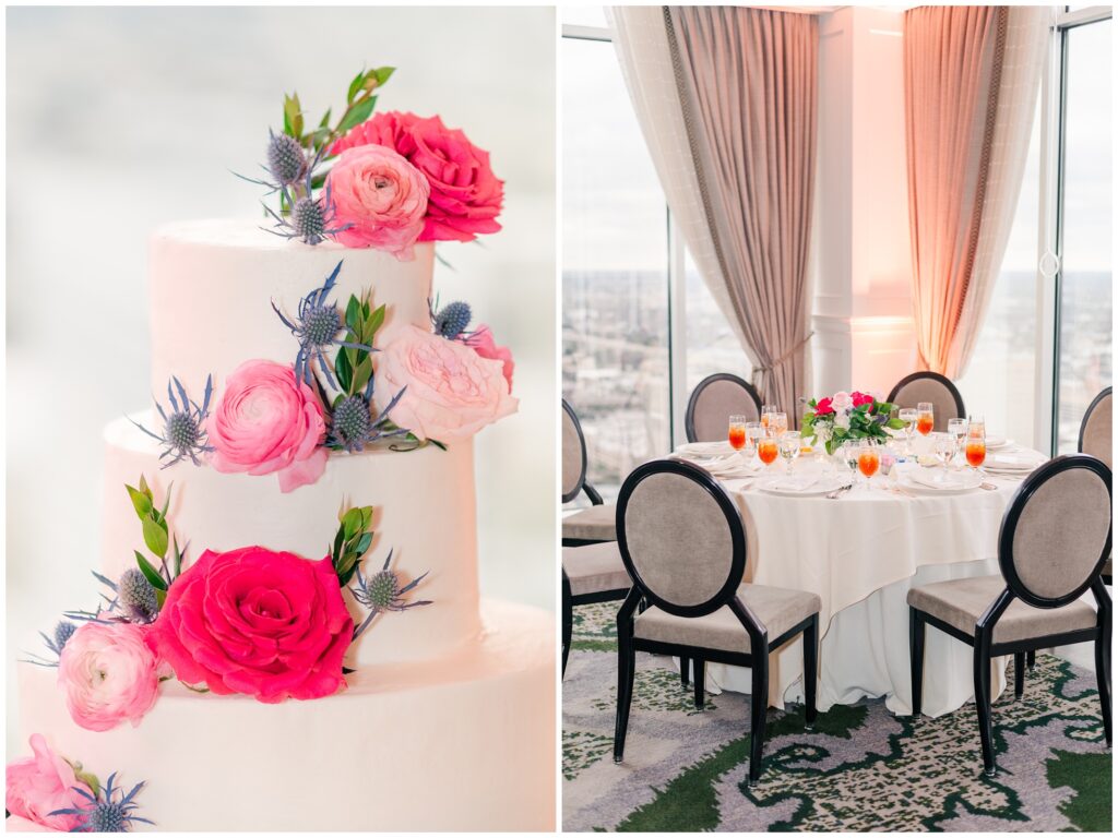 Houston Petroleum Club wedding details of cake and table set.