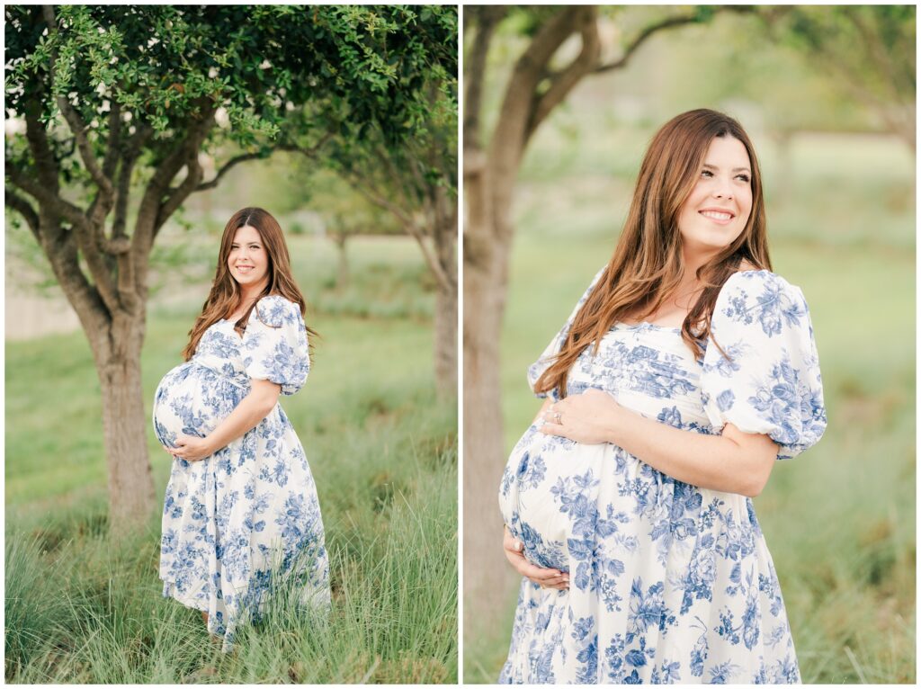 Maternity portraits of beautiful mom to be, in a blue floral dress.